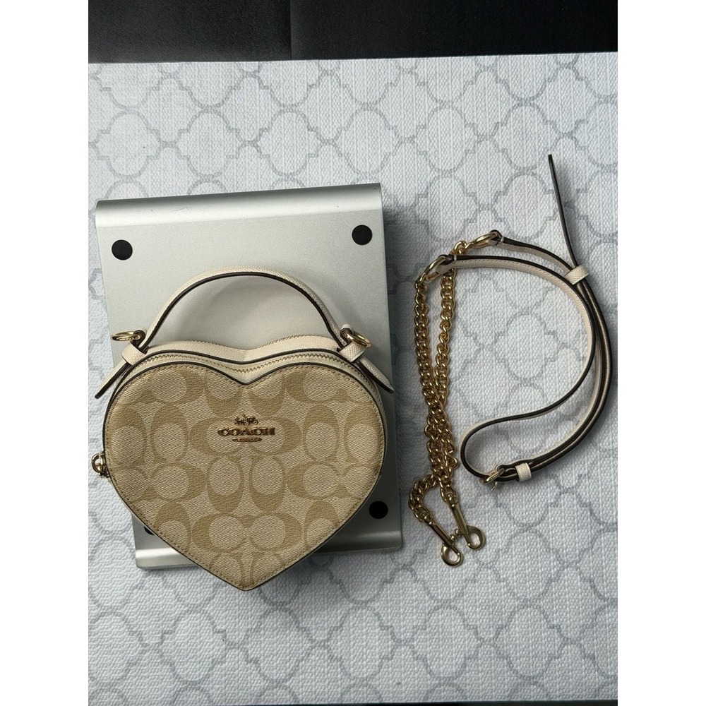 Coach Heart Crossbody Bag Women Small Light Khaki Chalk Signature Canvas CE725